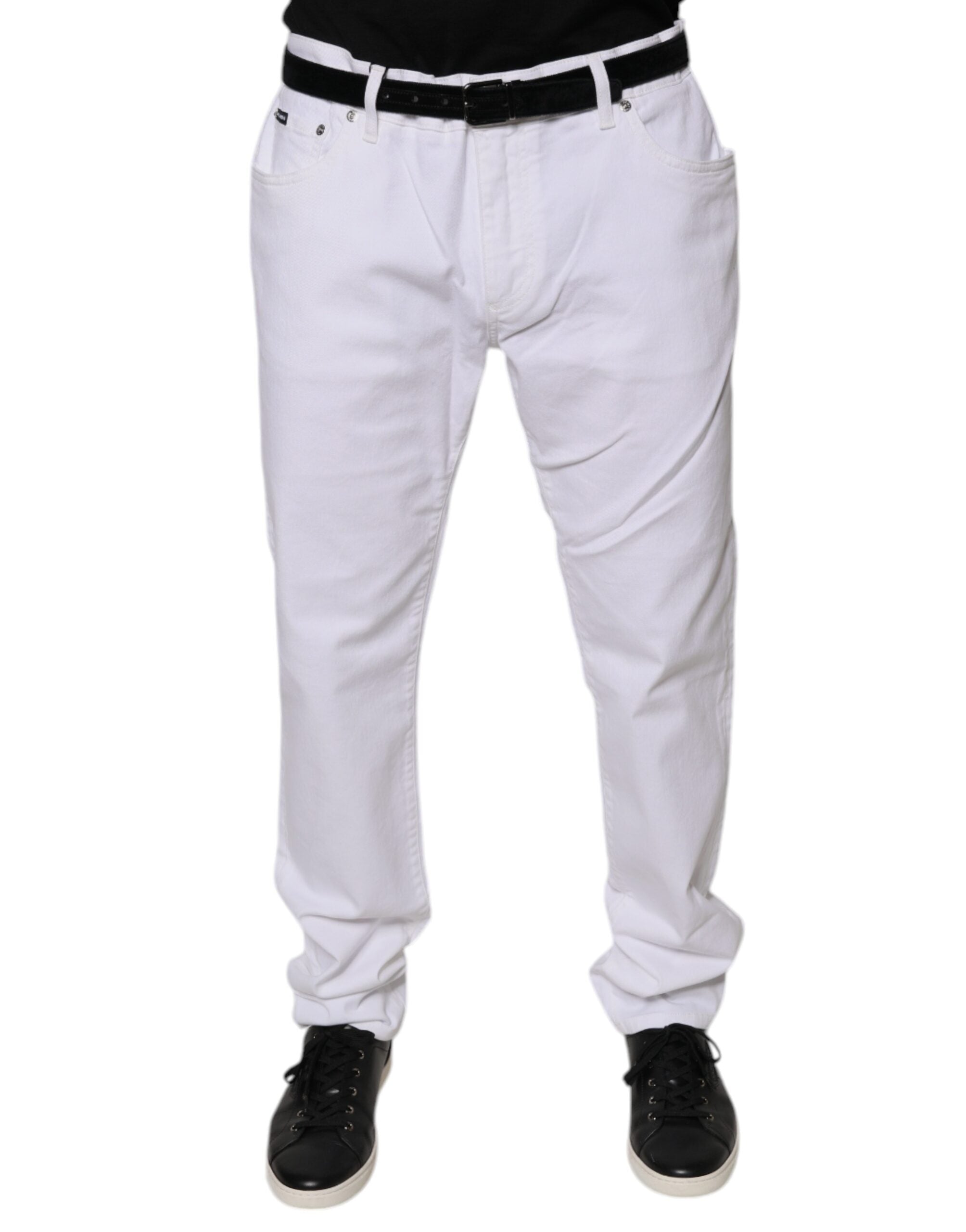 Pantalon homme Dolce & Gabbana en denim blanc slim, en coton stretch, élégant et ajusté.