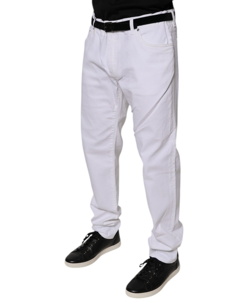 Jeans homme Dolce & Gabbana en coton stretch blanc, coupe skinny, denim tendance, visible détails de la poche et de la finition.