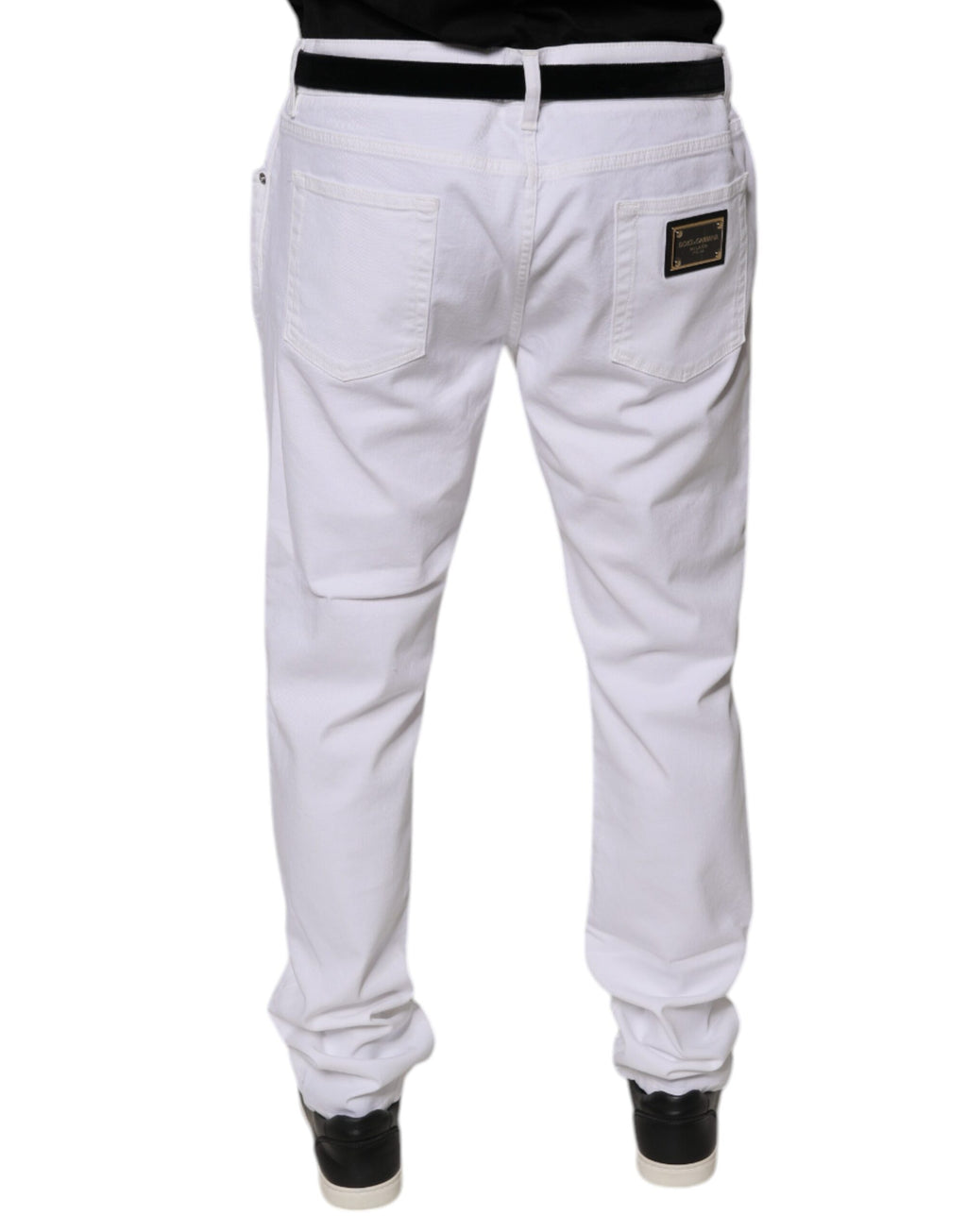 Jeans homme Dolce & Gabbana en coton blanc, coupe skinny, avec stretch, aspect denim, visible sur l'image.