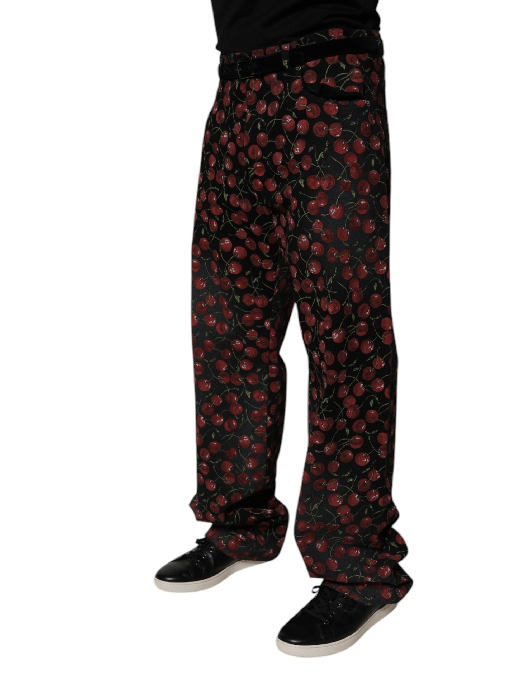 Jeans homme en coton noir à cerises de Dolce & Gabbana, coupe droite, style décontracté et tendance.