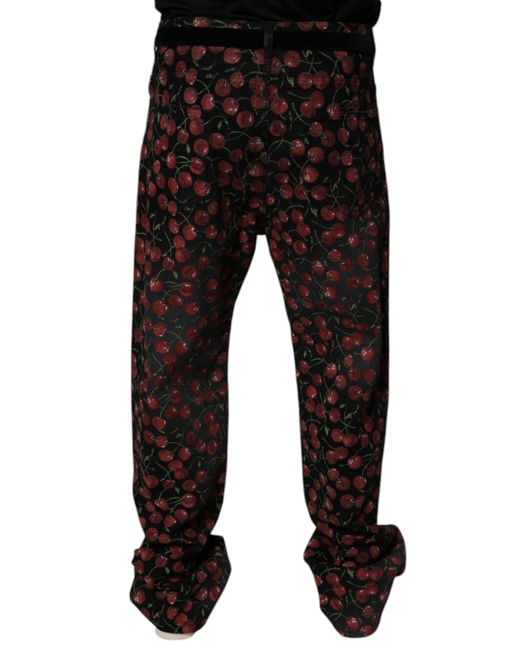 Jeans droit en coton noir à cerises Dolce & Gabbana pour homme, denim élégant avec détails classiques.