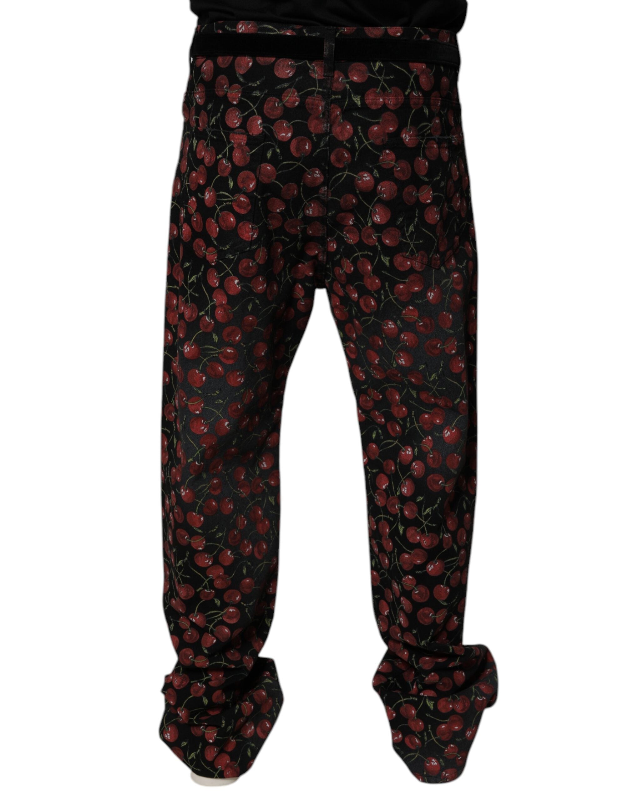 Jeans droit en coton noir à cerises Dolce & Gabbana pour homme, denim élégant avec détails classiques.