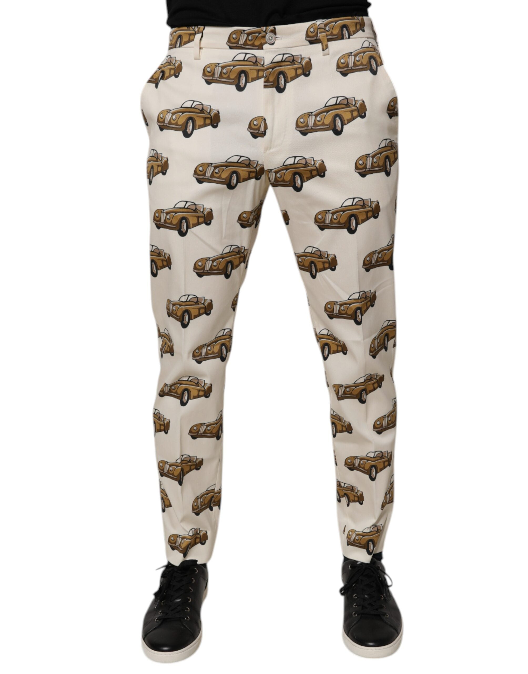 Jeans slim en coton blanc avec motif voiture de Dolce & Gabbana, style décontracté pour hommes, vue de face.