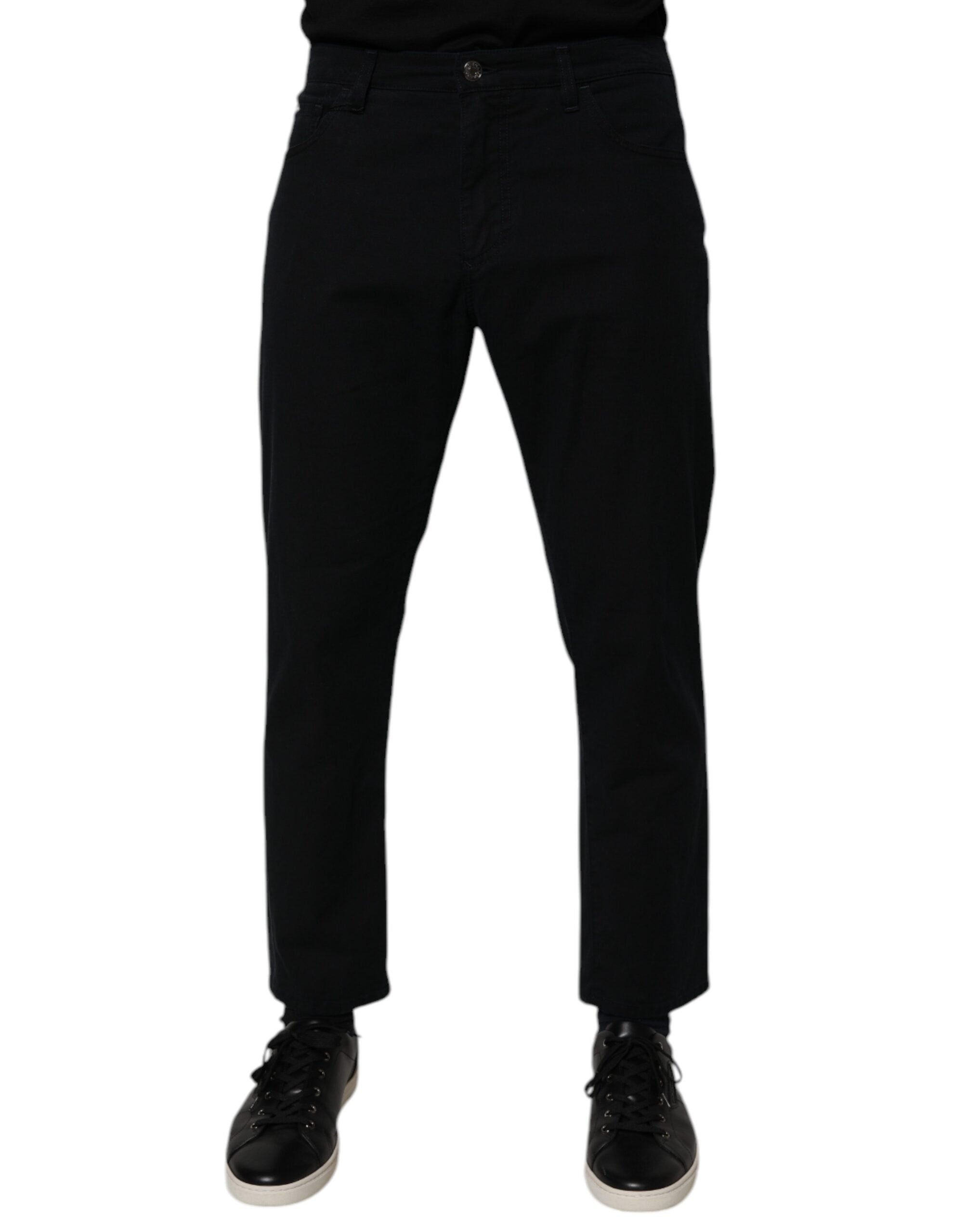 Jeans homme en denim stretch bleu foncé Dolce & Gabbana, coupe décontractée en coton, détails de couture visibles.