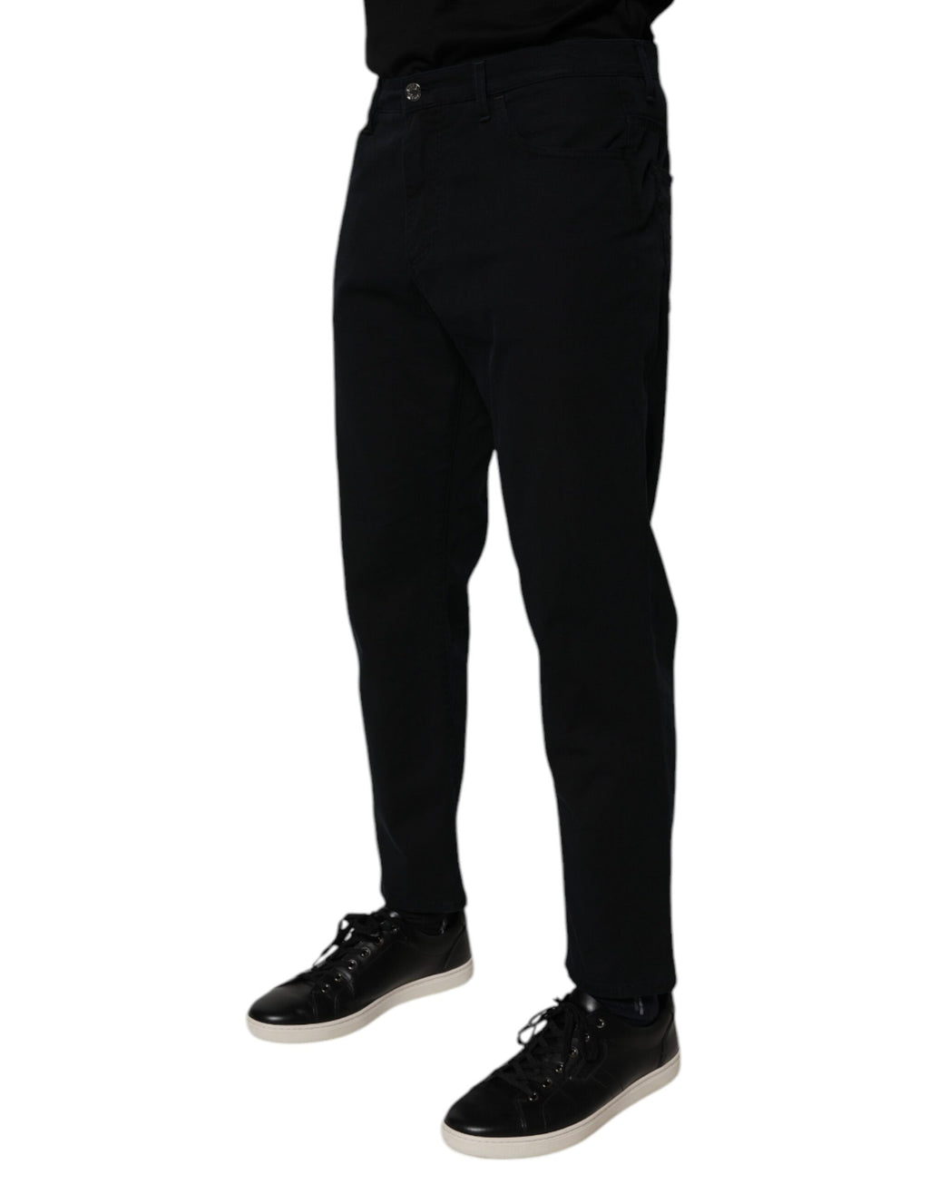 Jeans homme en denim bleu foncé en coton stretch de Dolce & Gabbana, coupe ample et décontractée.