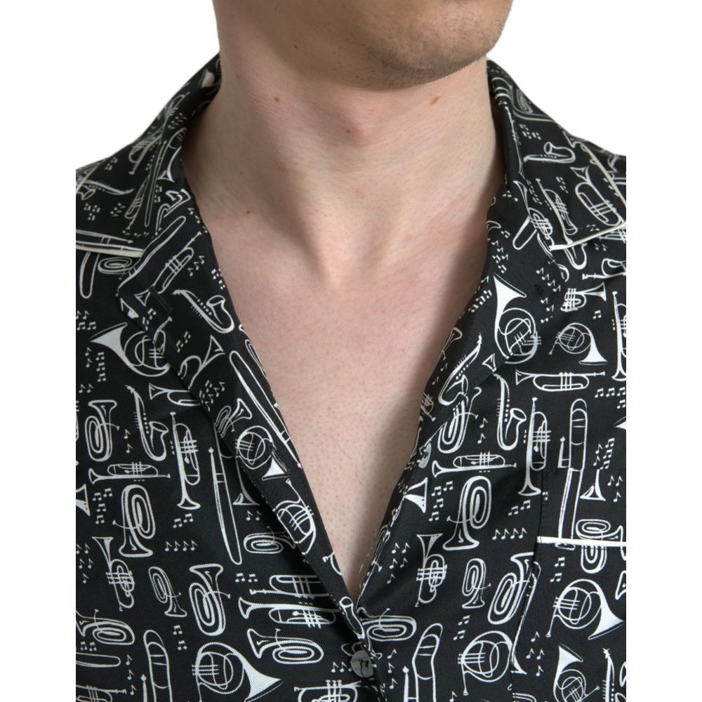 Chemise Dolce & Gabbana en soie noire à manches courtes, élégante et élégante, pour un style sophistiqué.