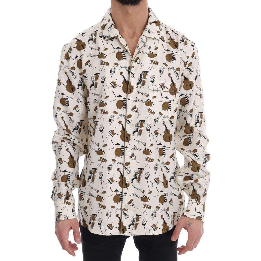 Chemise en soie multicolore Dolce & Gabbana avec motifs élégants, affichée sur un mannequin.