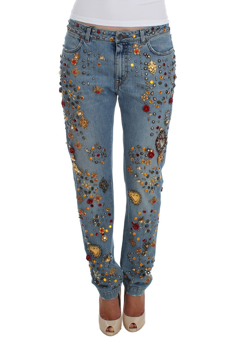 Jeans Dolce & Gabbana avec motifs en cristaux et roses en embellissements, style élégant et floral.