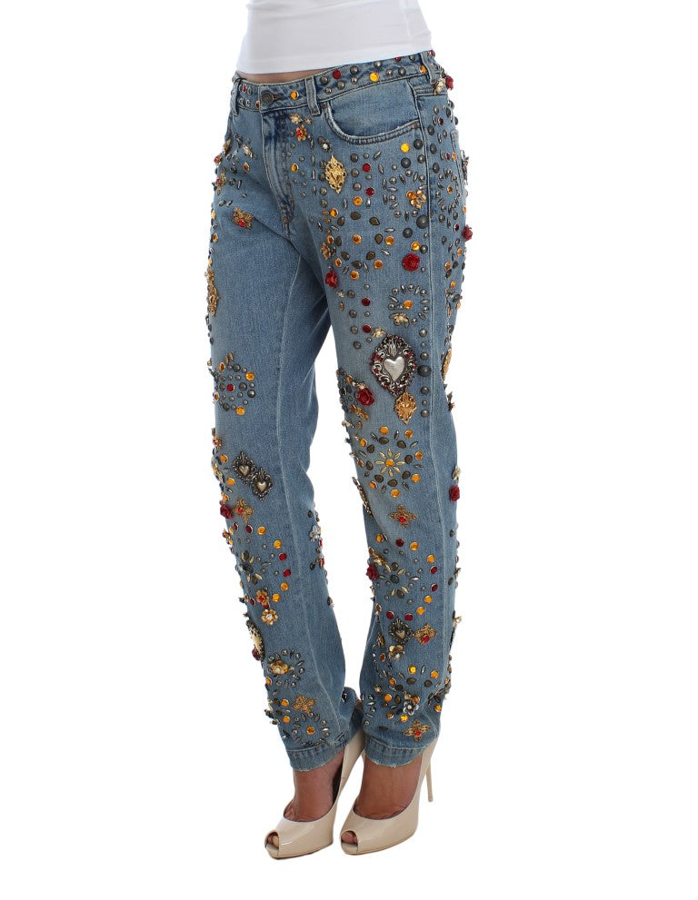 Jean Dolce & Gabbana avec embellissements en cristaux en forme de roses et motif cœur, mode élégante et détaillée.