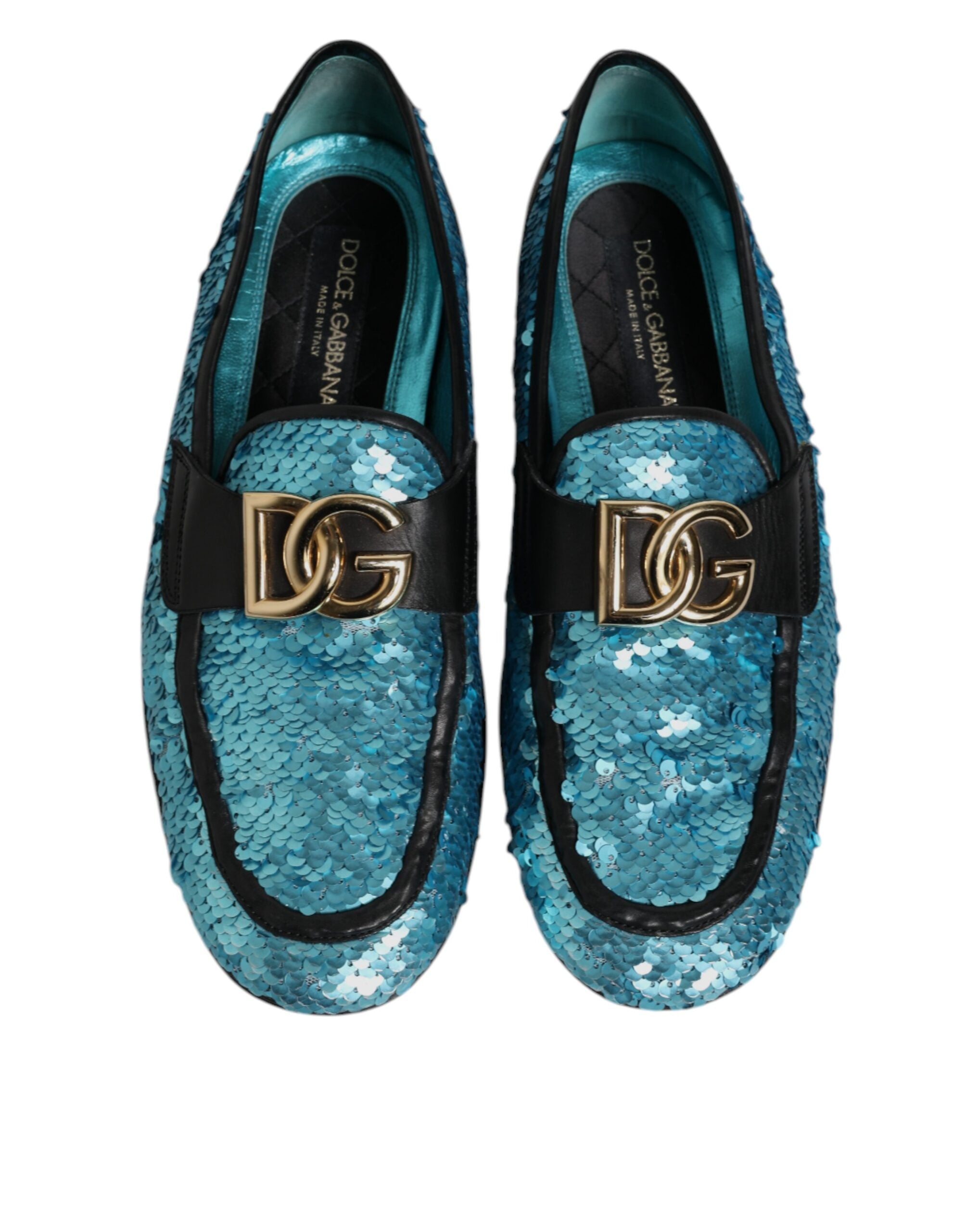 Mocassins formels Dolce & Gabbana bleus à sequins, chaussures élégantes pour occasion spéciale, détails brillants en satin.