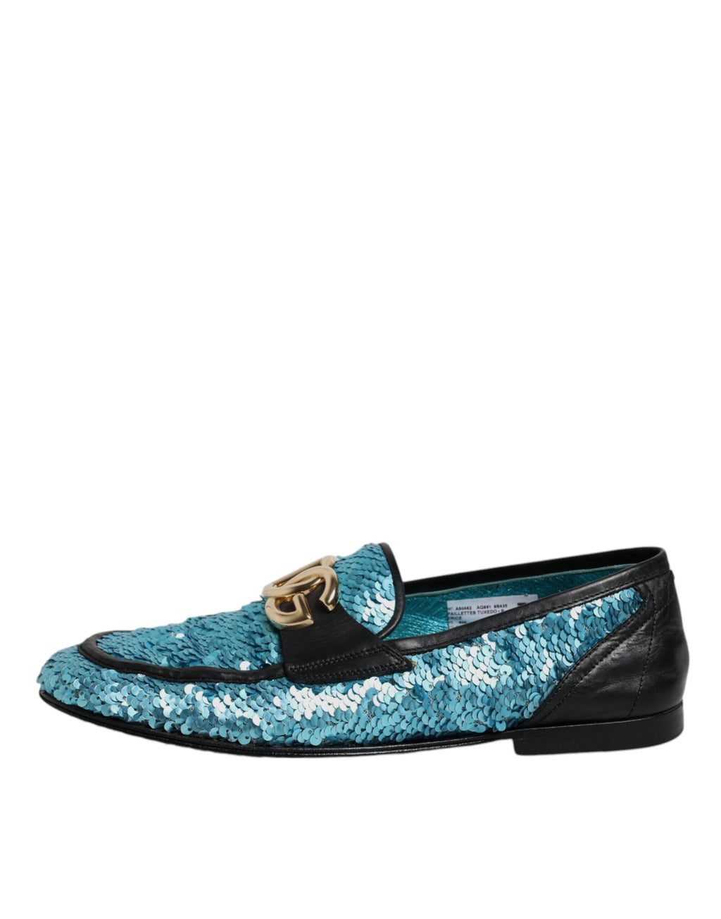 Mocassins habillés en sequins bleus Dolce & Gabbana pour homme, chaussures formelles élégantes avec détails brillants.