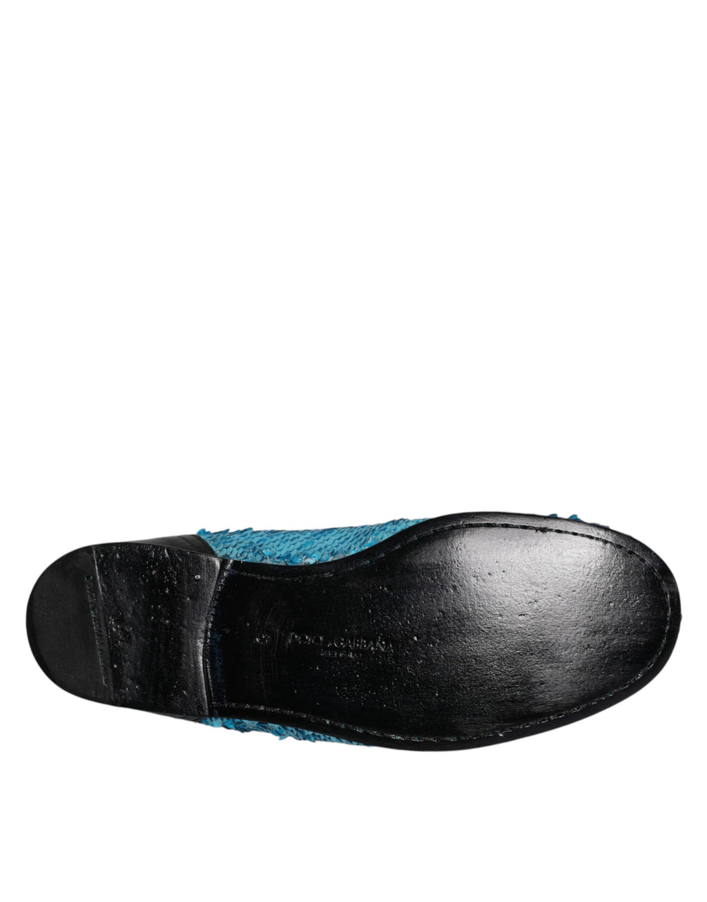 Mocassins formels en satin bleu à sequins de Dolce & Gabbana, chaussures élégantes pour occasion spéciale.