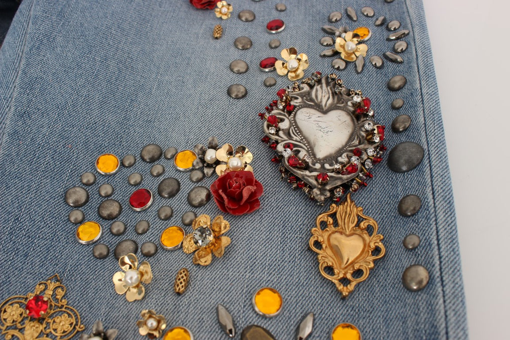 Jeans Dolce & Gabbana avec embellissements en cristaux de roses en forme de cœur, mode élégante et détaillée.