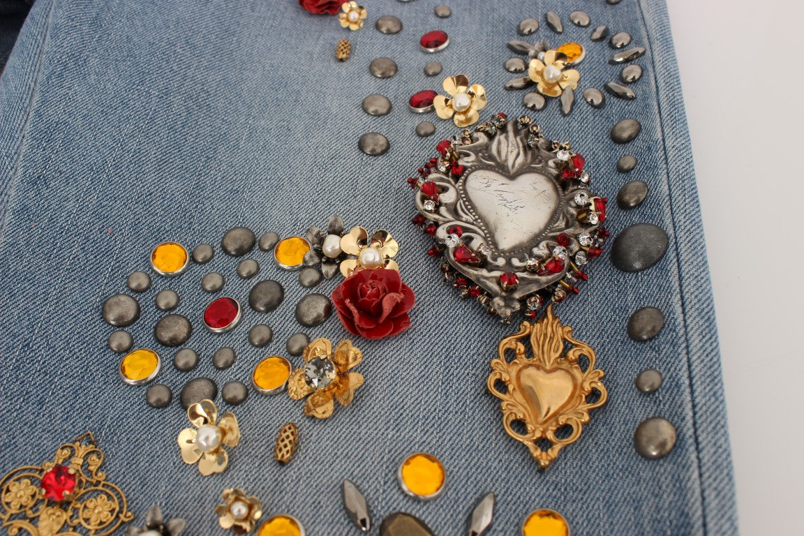 Jeans Dolce & Gabbana avec embellissements en cristaux de roses en forme de cœur, mode élégante et détaillée.