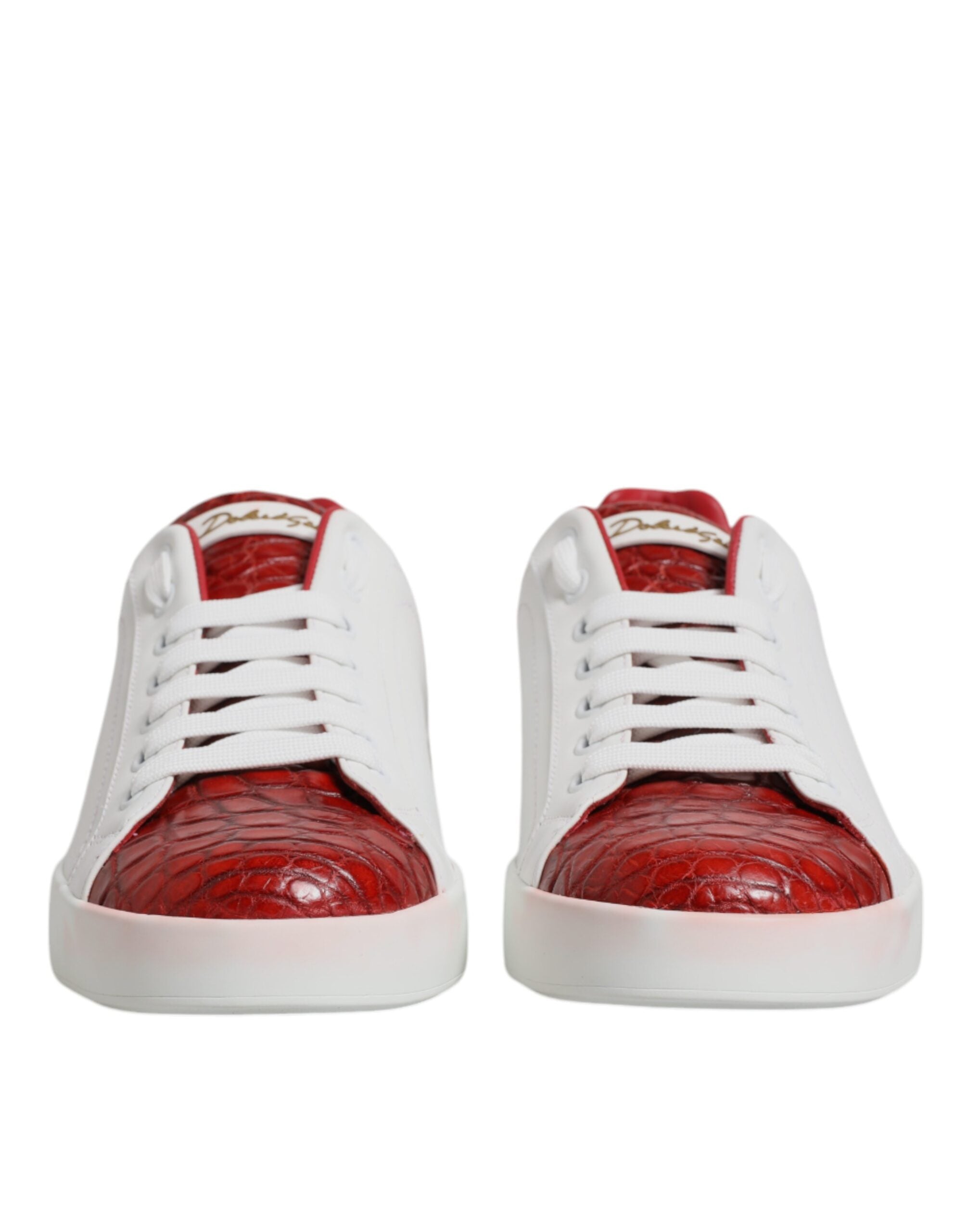 Chaussures sneaker Portofino en cuir blanc et rouge pour homme de Dolce & Gabbana, vue de face.