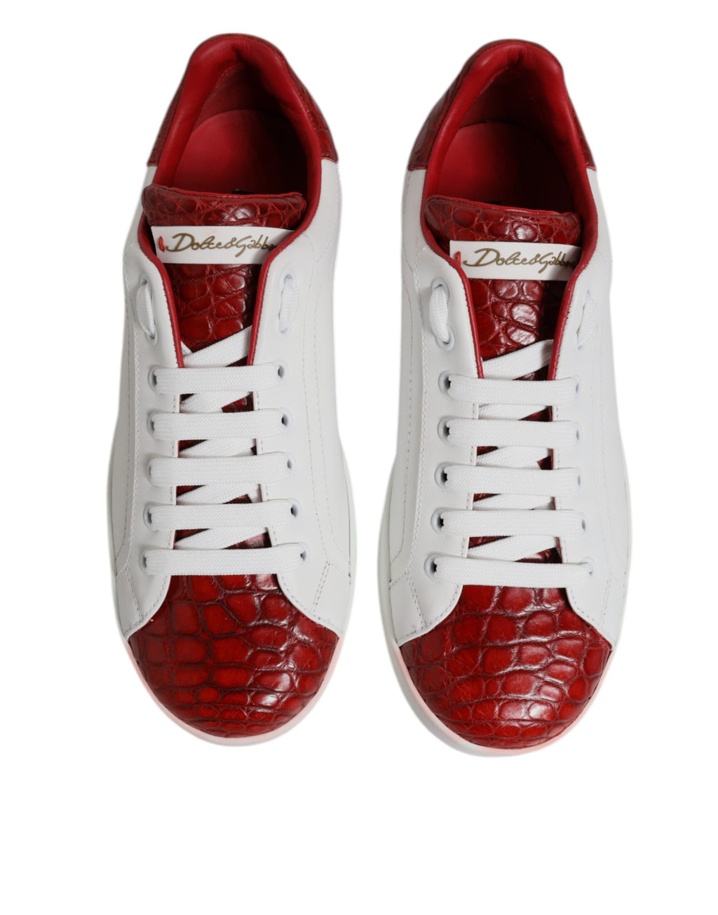 Chaussures sneakers Portofino blanches et rouges en cuir pour homme Dolce & Gabbana, vue en détail