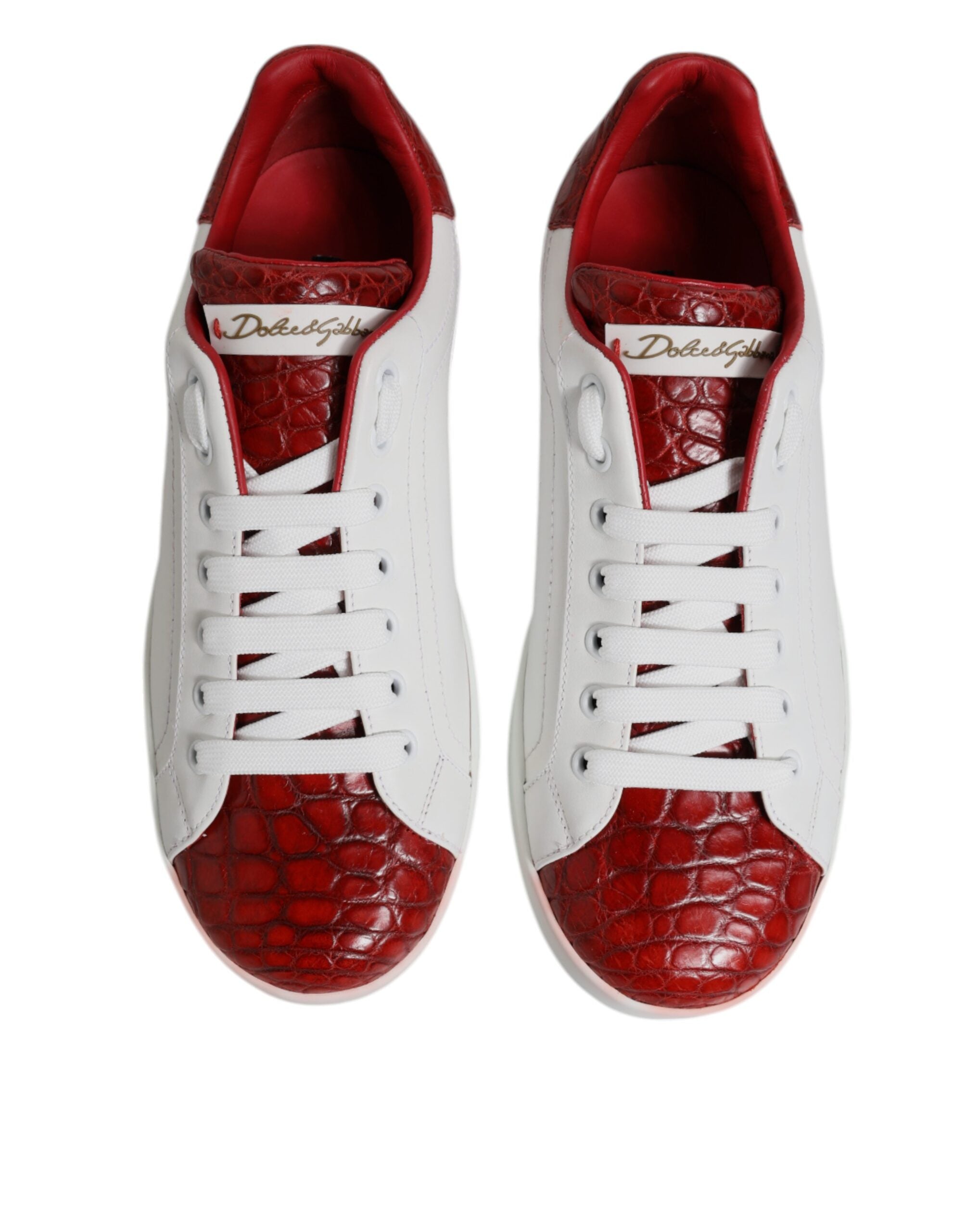 Chaussures sneakers Portofino blanches et rouges en cuir pour homme Dolce & Gabbana, vue en détail