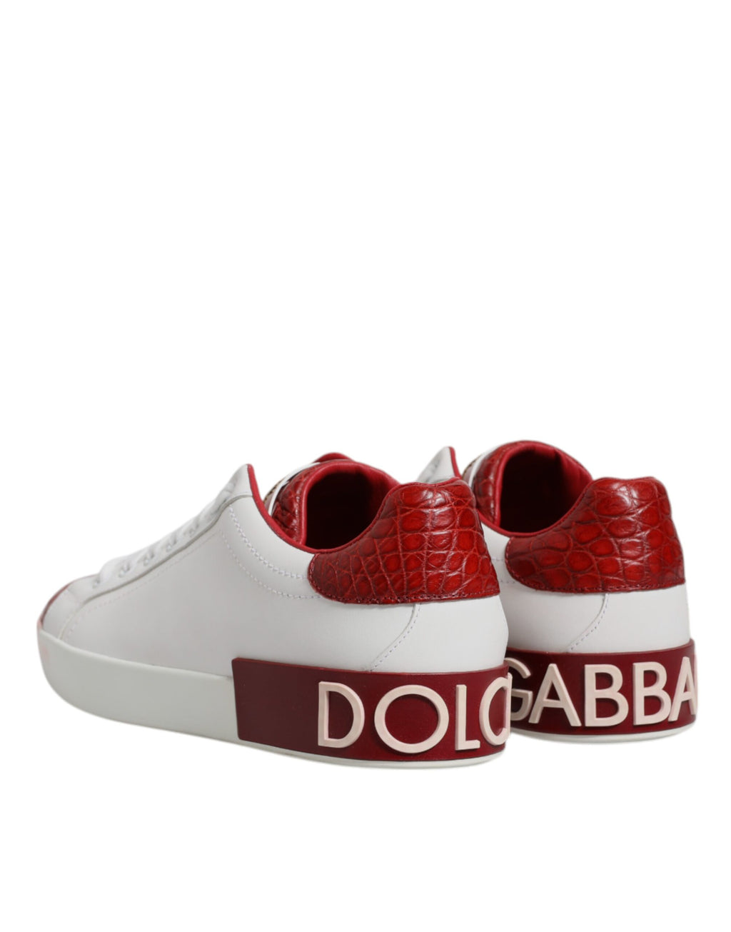 Chaussures de sport Portofino blanches et rouges en cuir pour homme de Dolce & Gabbana, visibles avec détails de design.