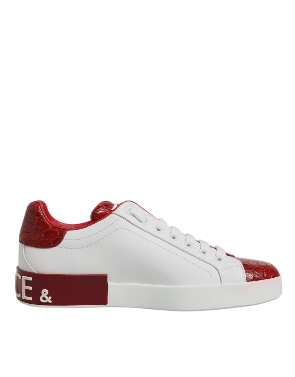 Chaussures de sport Portofino blanches et rouges pour hommes Dolce & Gabbana en cuir, style élégant et moderne.