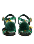 Sandales Dolce & Gabbana ornées de cristaux verts et de fourrure, style élégant et tendance pour femme.
