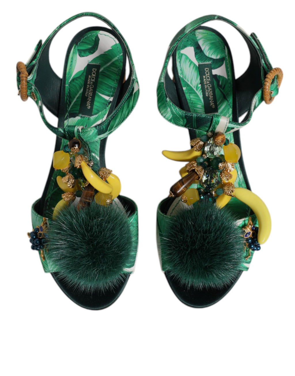 Sandales Dolce & Gabbana vertes ornées de cristaux et de fourrure, élégantes chaussures de luxe pour femmes.