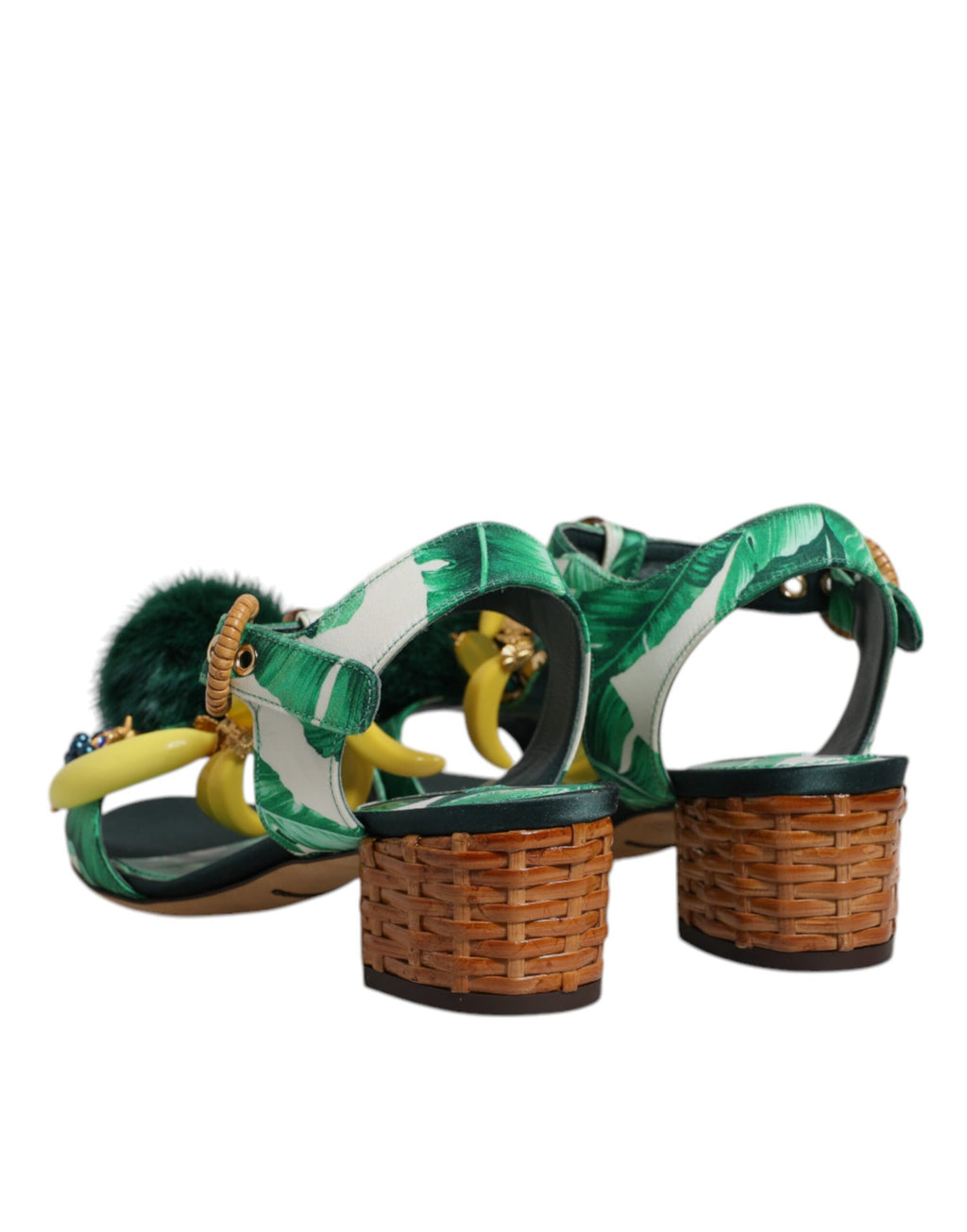 Sandales Dolce & Gabbana vertes avec cristaux et fourrure, détails sophistiqués et élégants pour femmes.