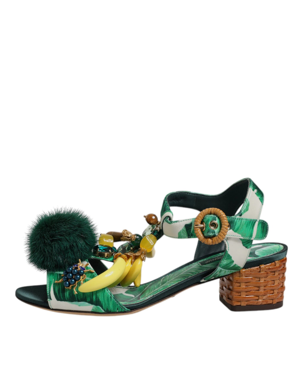 Sandales Dolce & Gabbana vertes ornées de cristaux et de fourrure, avec des détails élégants et sophistiqués.