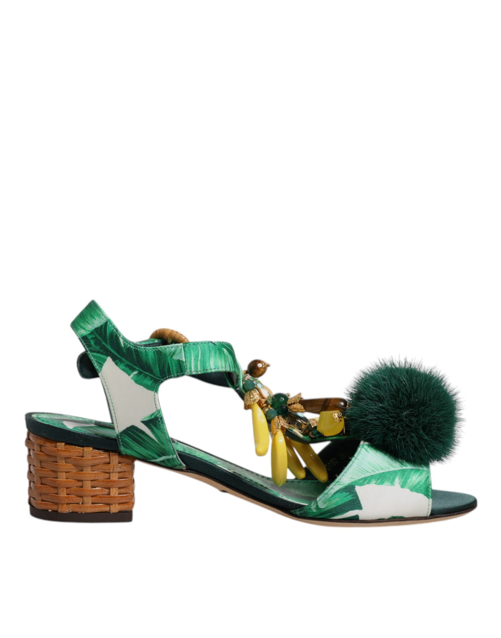Sandales Dolce & Gabbana vertes ornées de cristaux et de fourrure, avec des détails élégants pour femme.