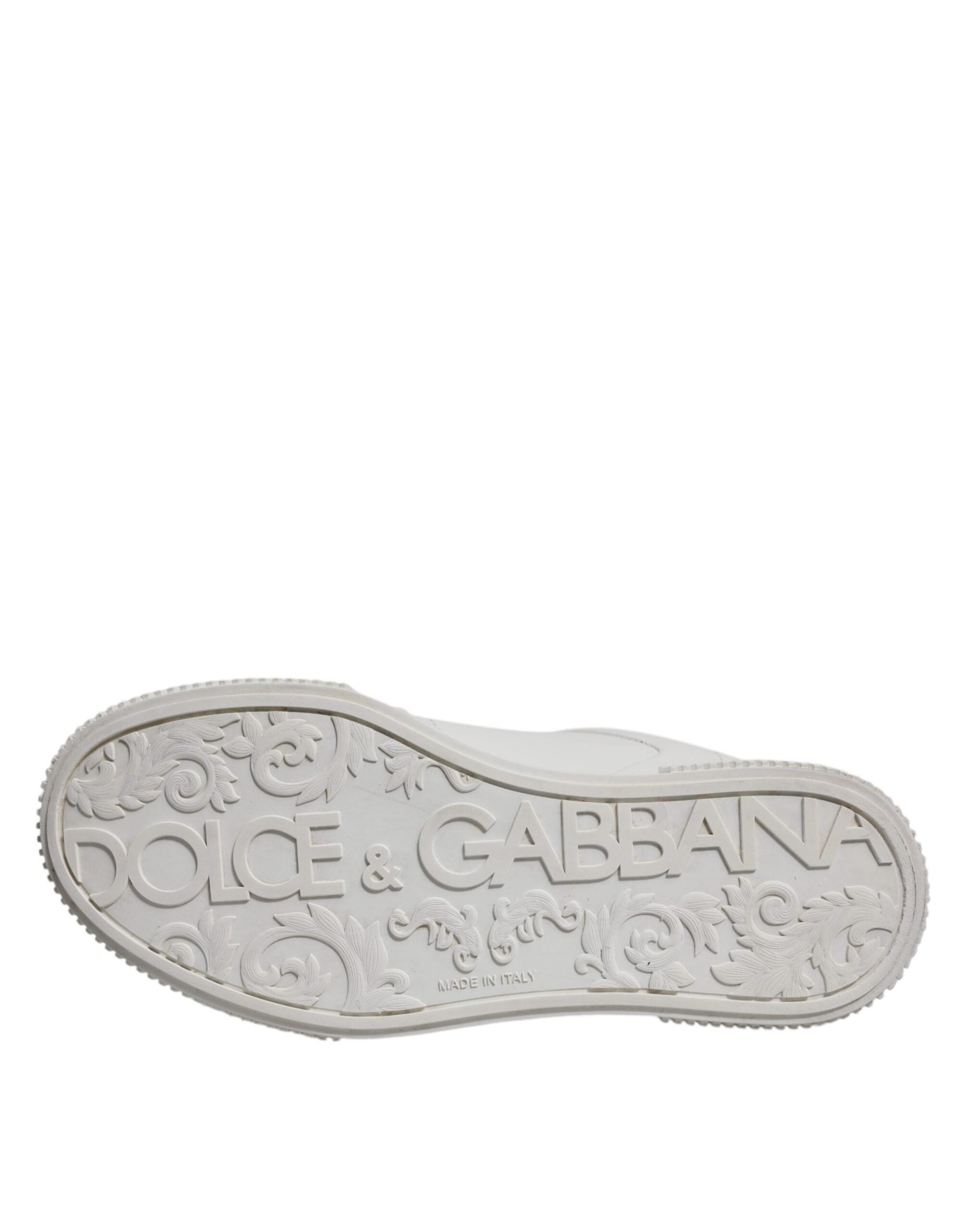 Chaussures sneakers basses blanches Dolce & Gabbana Miami en cuir, style décontracté et élégant, vues de face sur fond neutre.