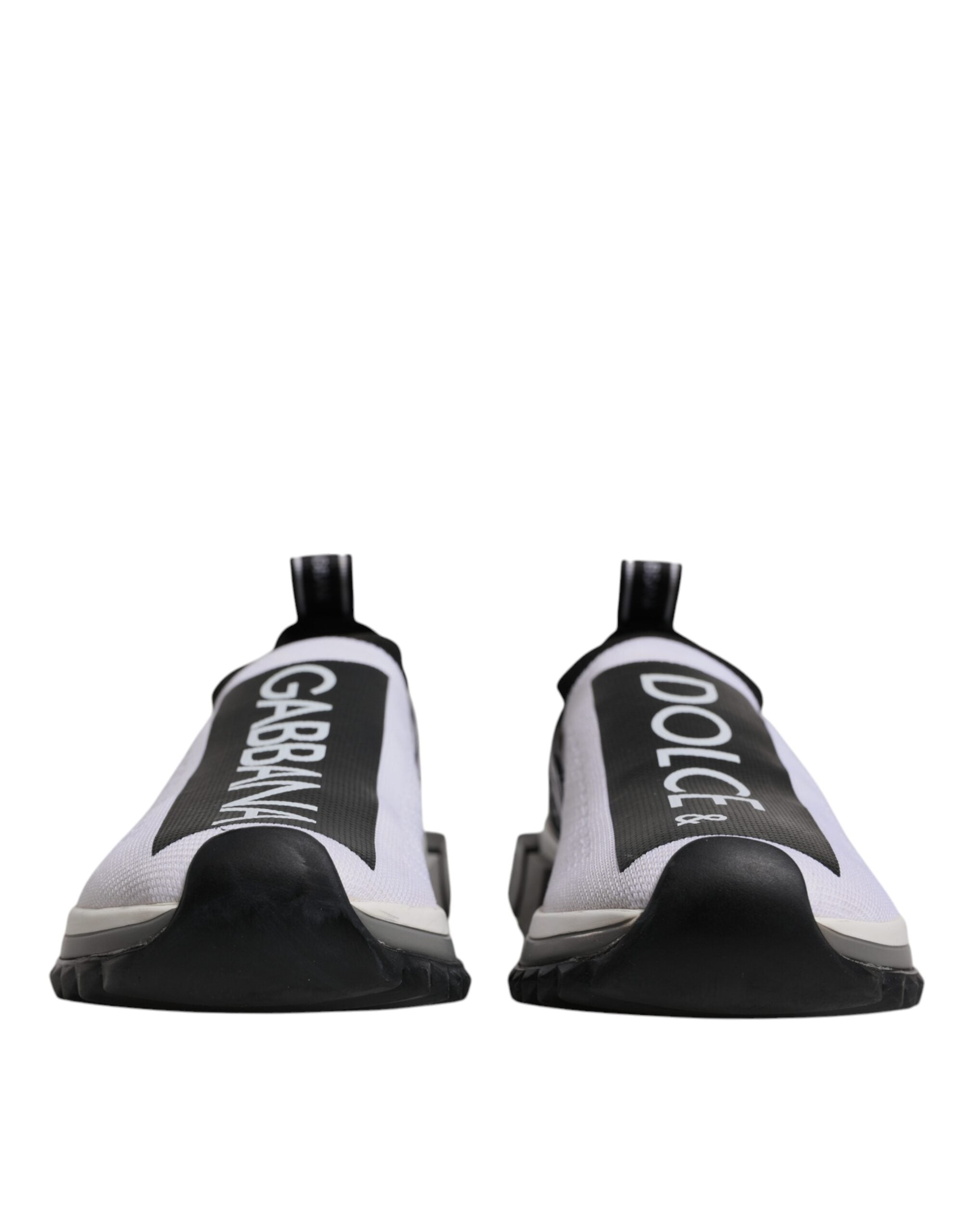 Chaussures sneakers Dolce & Gabbana Sorrento blanches et noires, slip-on, vue de face, en cuir avec détails élégants.