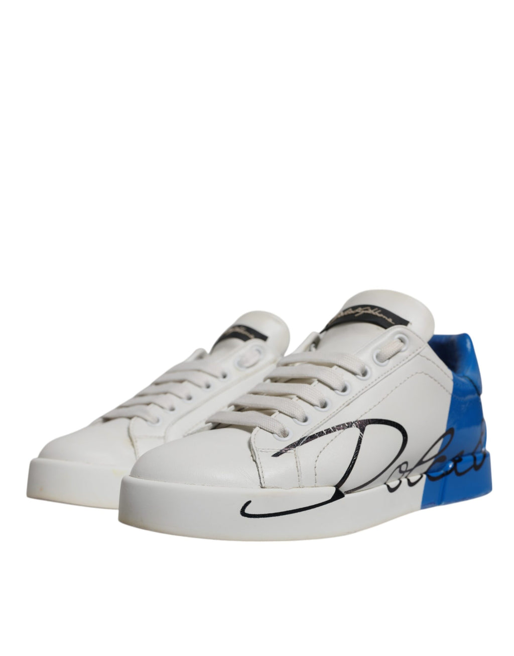 Chaussures sneakers Portofino blanches et bleues Dolce & Gabbana avec logo, vue de face.