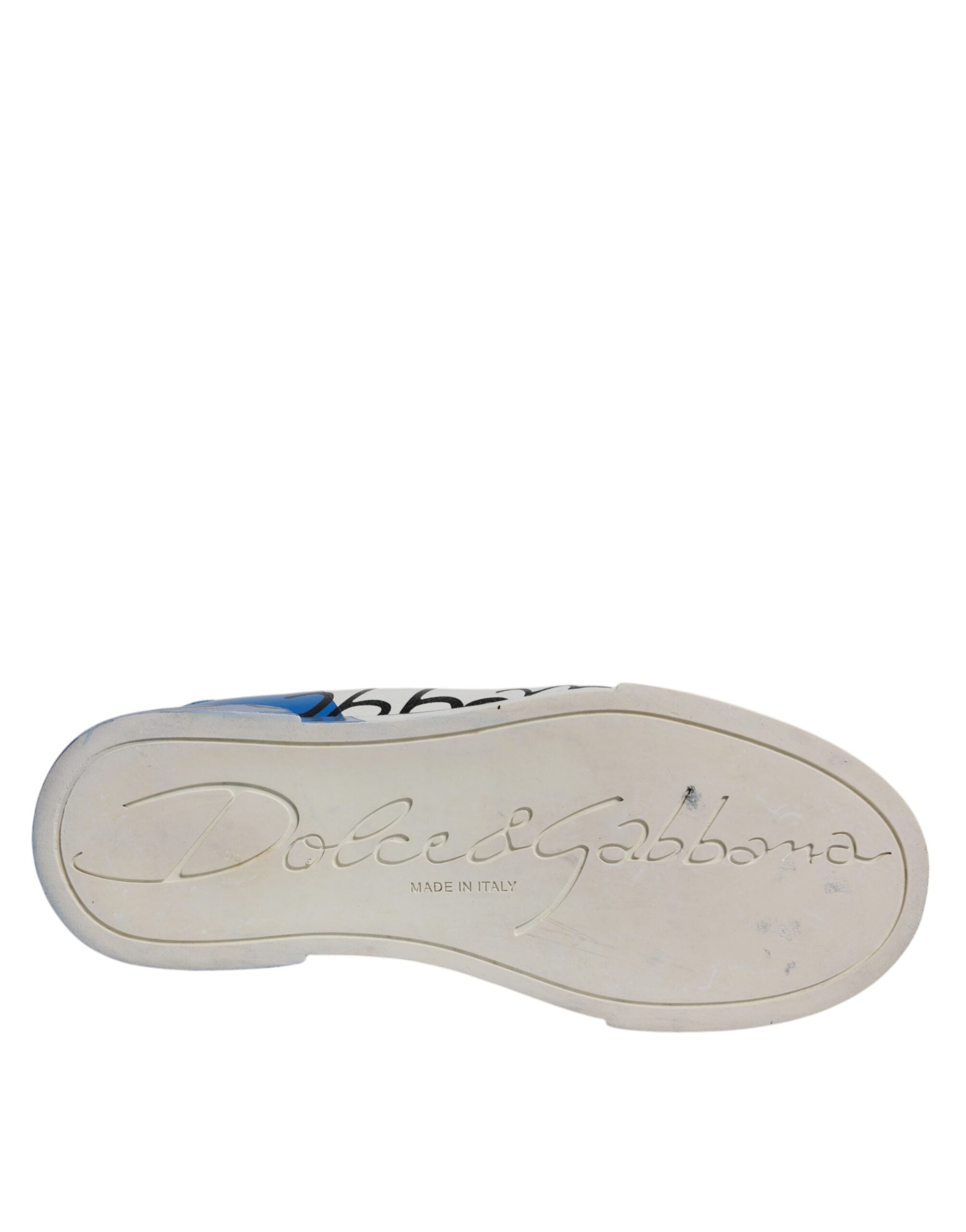 Chaussures Sneakers Portofino blanches et bleues Dolce & Gabbana avec logo, vue de face, pour homme.