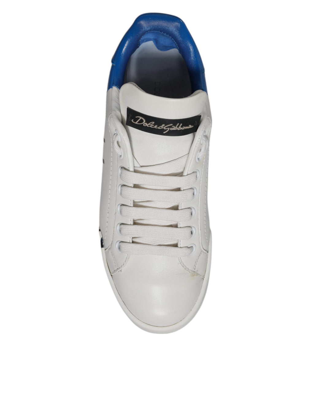 Chaussures portofino blanches et bleues Dolce & Gabbana avec logo, baskets sport élégantes et confortables.