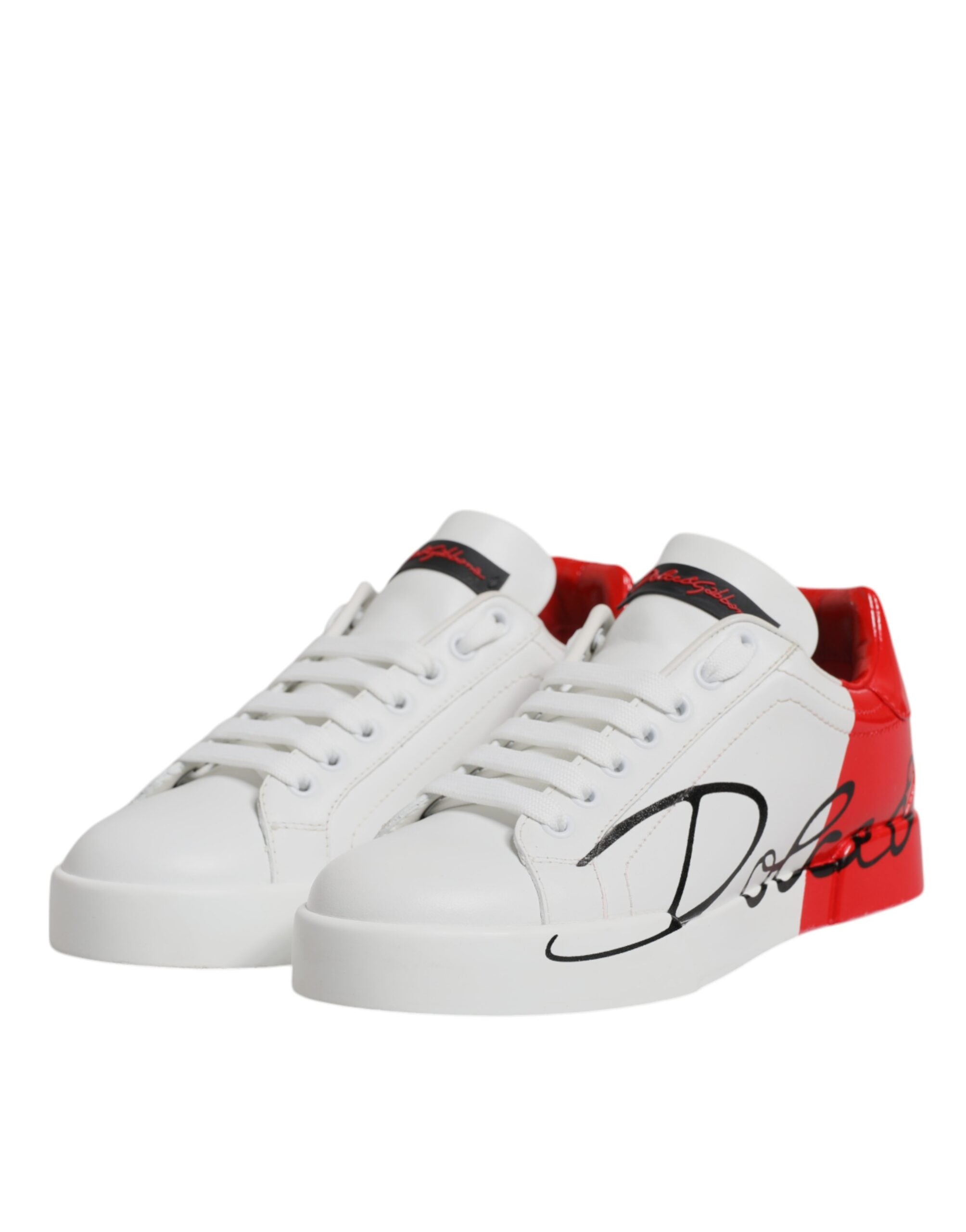 Chaussures sneakers Portofino blanches et rouges Dolce & Gabbana avec logo visible, en cuir élégant et tendance.