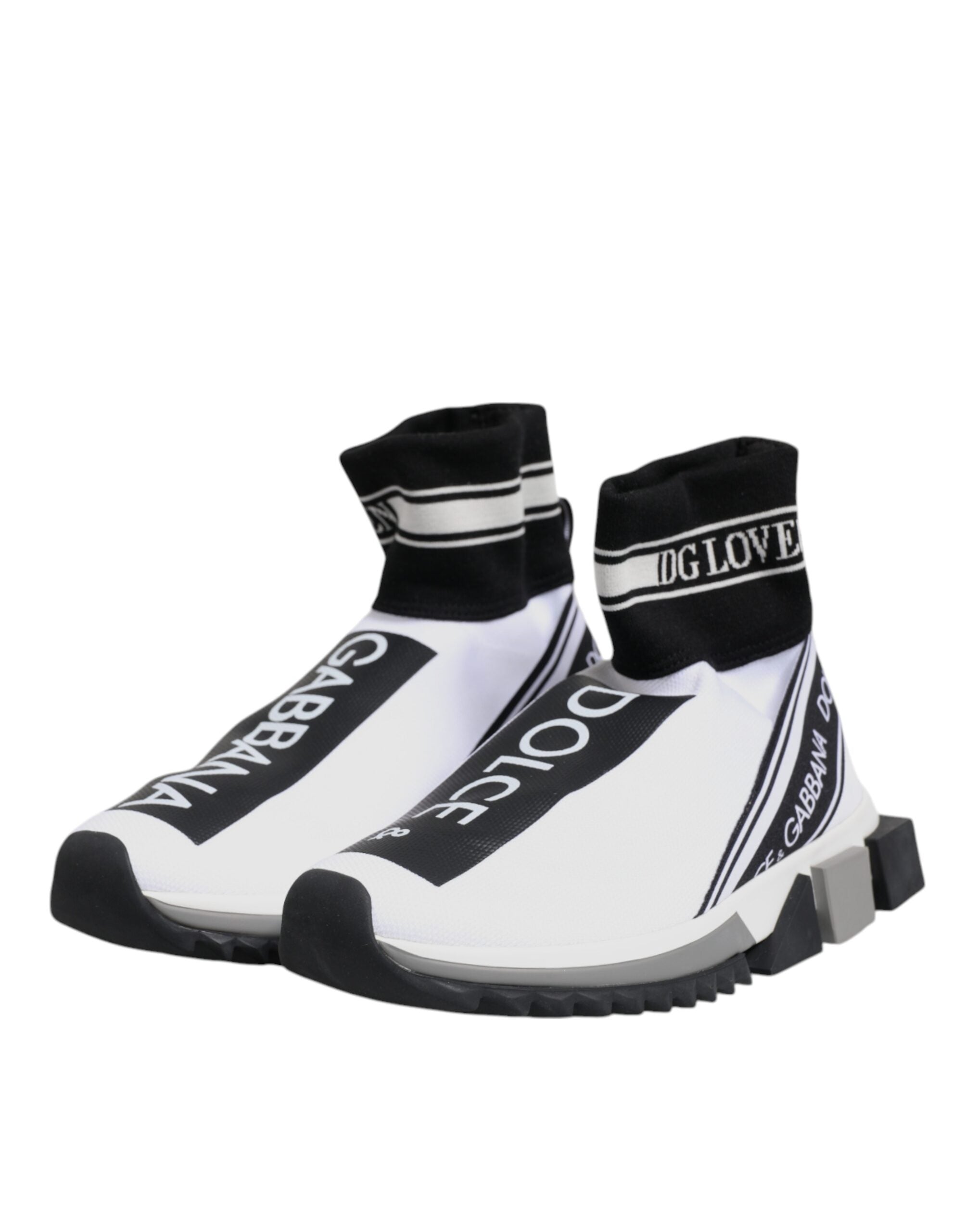 Chaussures sneakers blanches et noires Dolce & Gabbana Sorrento, sneakers élégants pour homme ou femme, vue de face.