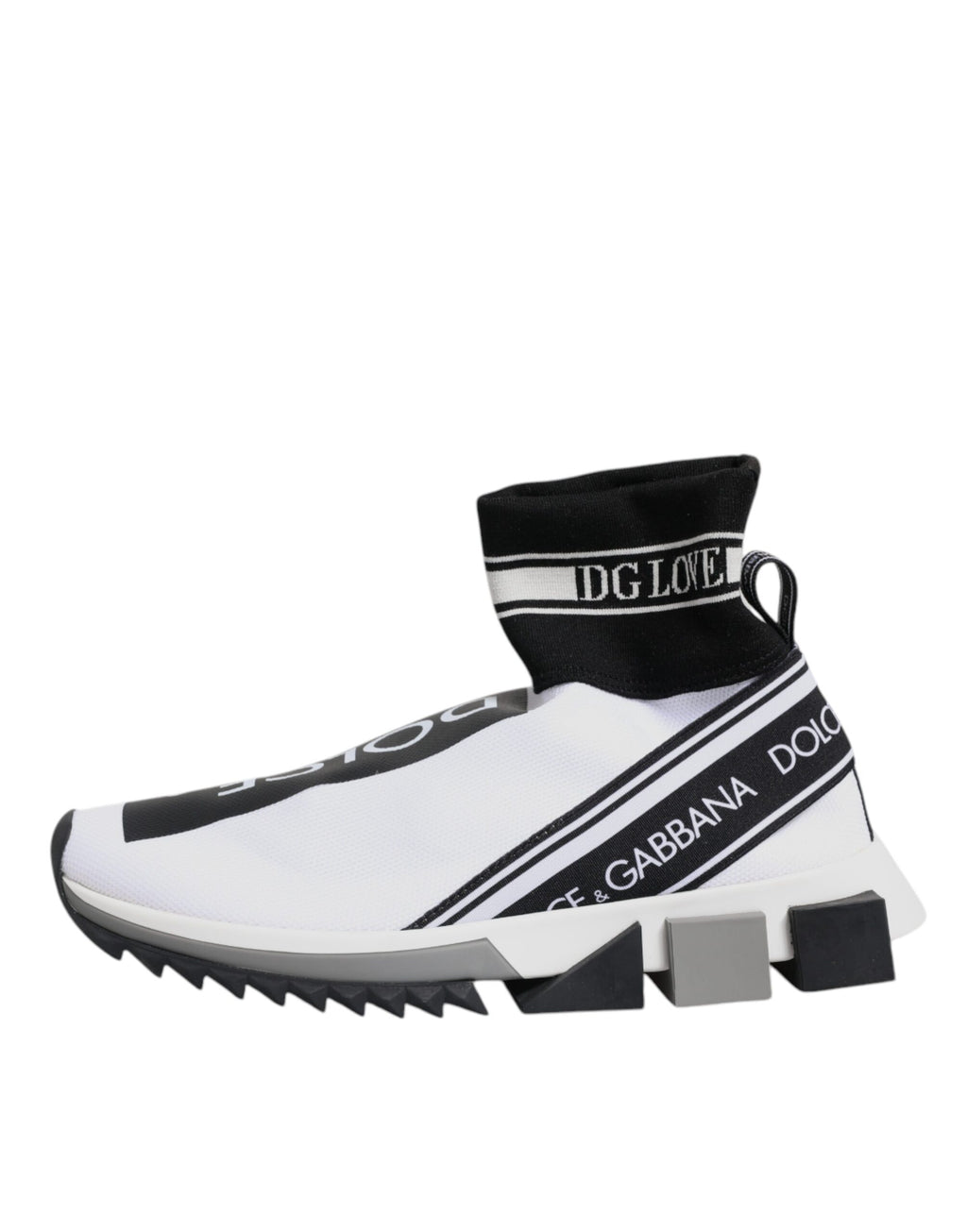 Chaussures sneakers Dolce & Gabbana Sorrento blanches et noires avec logo, vue de face sur fond neutre.