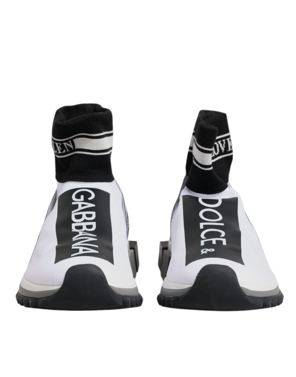 Chaussures sneakers Dolce & Gabbana Sorrento blanches et noires avec logo, vue de face.