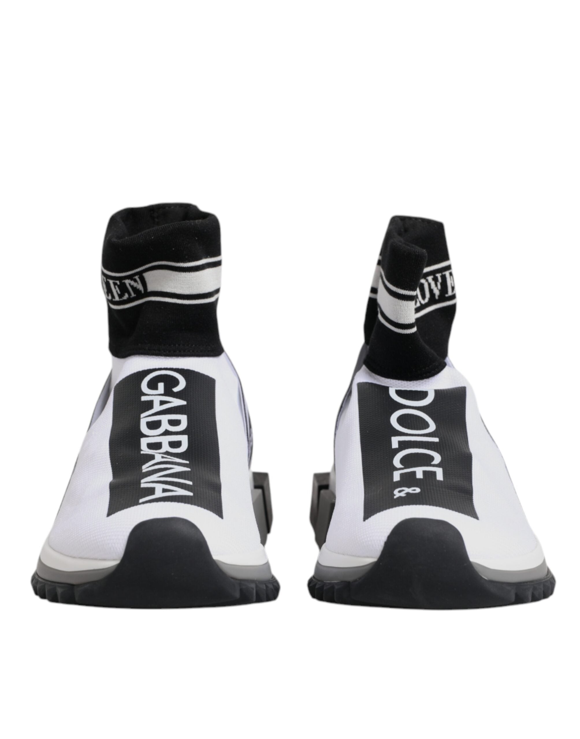 Chaussures sneakers Dolce & Gabbana Sorrento blanches et noires avec logo, vue de face.
