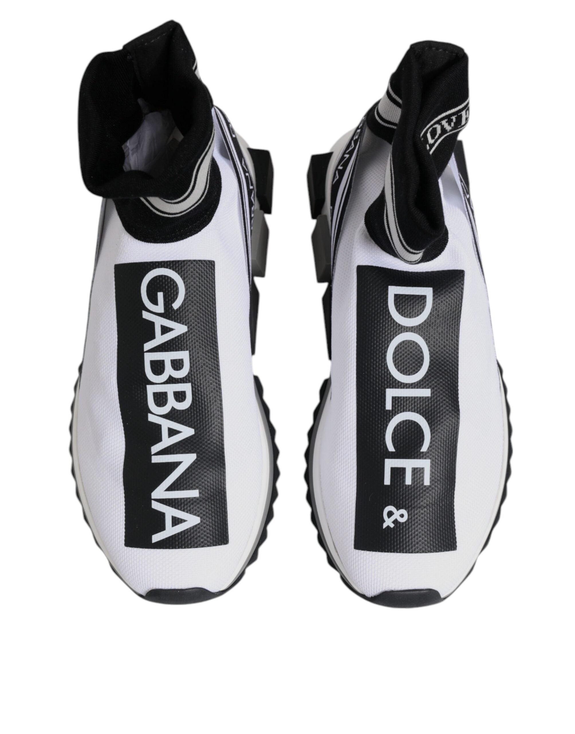 Chaussures sneakers Dolce & Gabbana Sorrento blanches et noires avec motif élégant, vue de face sur une surface blanche.