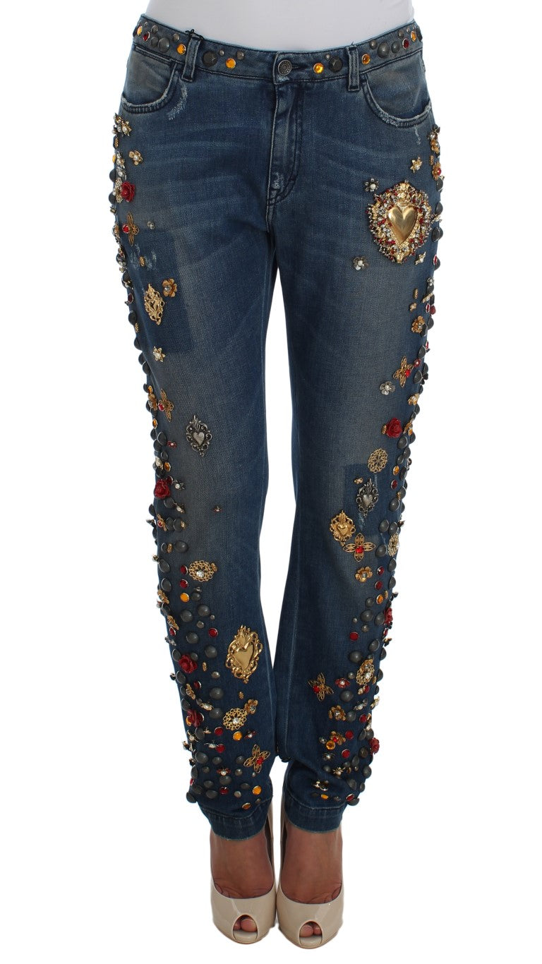 Jeans Dolce & Gabbana avec embellissements en cristaux de roses en forme de cœur, mode élégante et sophistiquée.