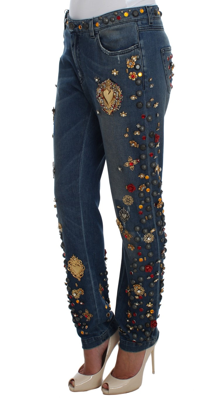 Jeans Dolce & Gabbana avec embellissements en cristaux de roses en forme de cœur et détails élégants.