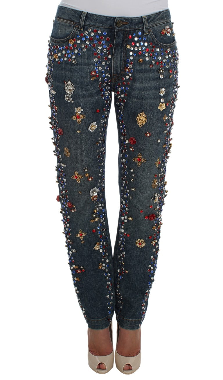 Jeans Dolce & Gabbana avec embellissements de roses en cristal et motif cœur, mode élégante et raffinée.