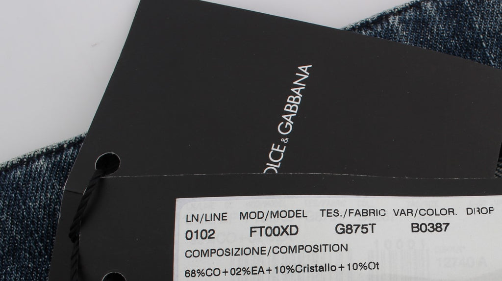 Jeans Dolce & Gabbana avec décorations en cristal de roses et motif en forme de cœur, mode élégante et sophistiquée.