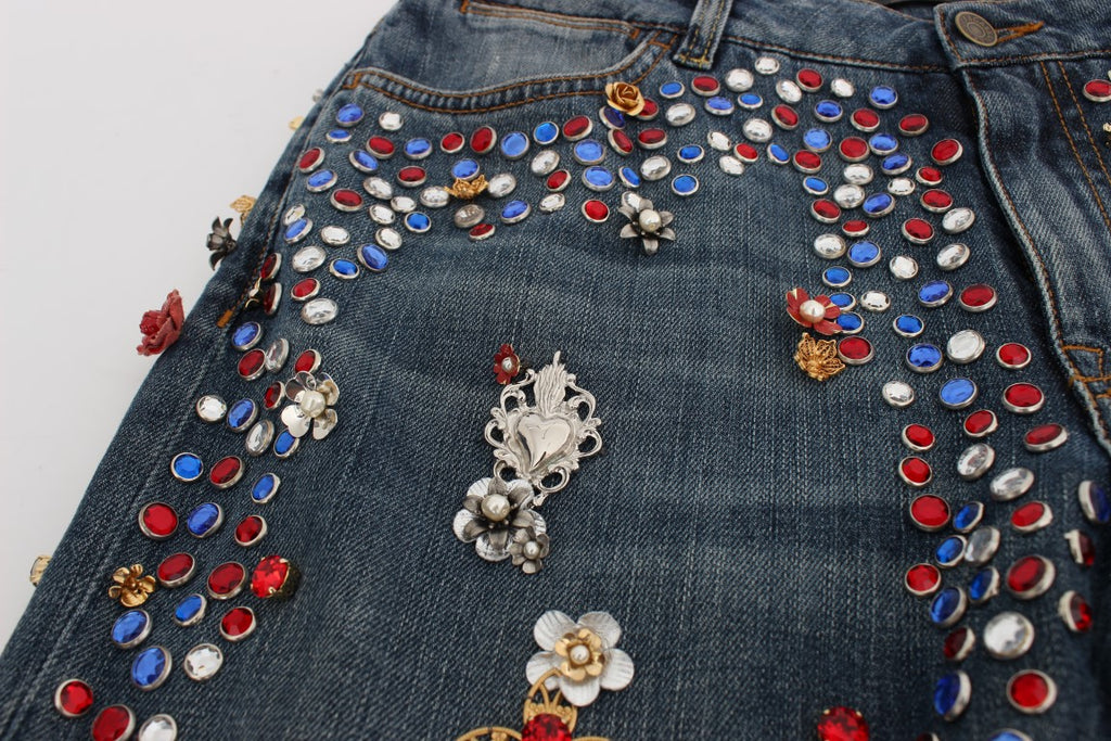 Jean Dolce & Gabbana avec embellissements en cristaux en forme de roses et motif cœur, mode élégante et sophistiquée.