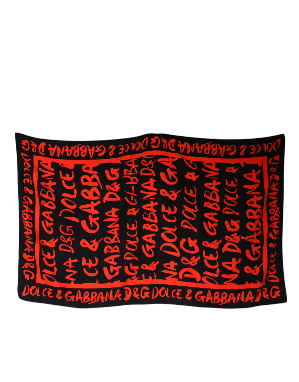 Serviette de plage en coton Dolce & Gabbana noire et rouge avec logo imprimé, affichée à plat avec bordures.