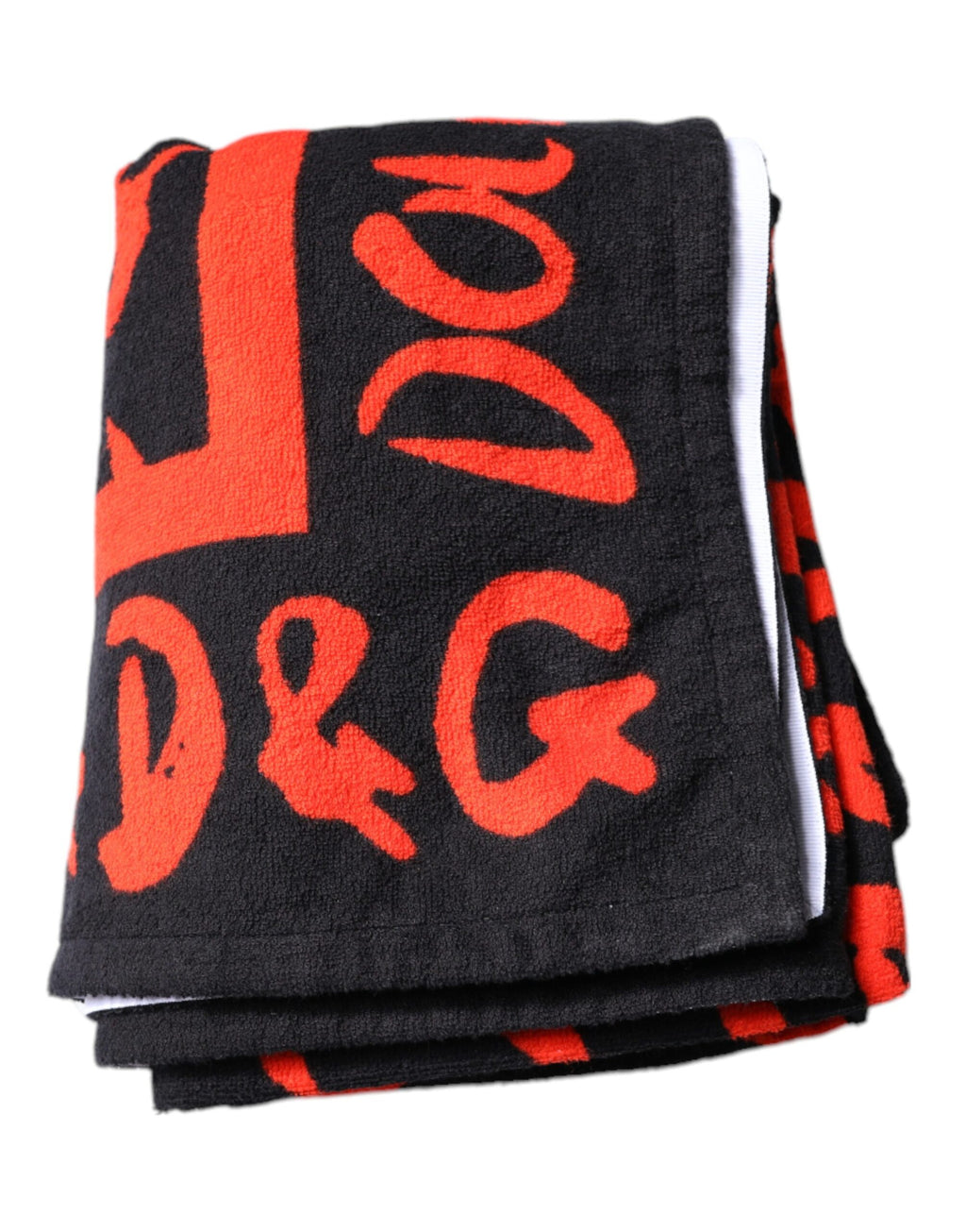 Serviette de plage en coton noir et rouge avec logo Dolce & Gabbana, motif imprimé, idéale pour la plage et la détente.