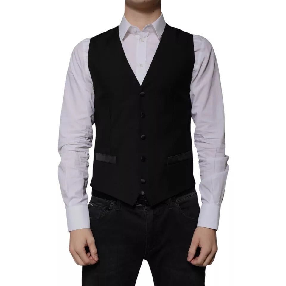 Gilet homme en laine noire Dolce & Gabbana, costume formel, détail élégant et coupe ajustée visible en image.