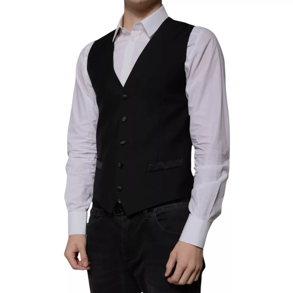 Gilet noir en laine Dolce & Gabbana pour homme, costume formel élégant, vue de face sur un mannequin.