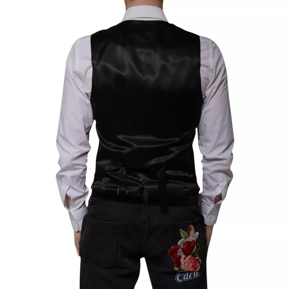 Gilet formel en laine noire Dolce & Gabbana pour homme, veste élégante avec col et boutons, parfait pour occasions habillées.