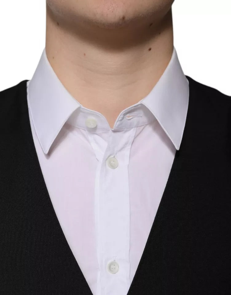 Gilet formel noir en laine Dolce & Gabbana pour homme, veste élégante et ajustée, vue de face sur fond blanc.